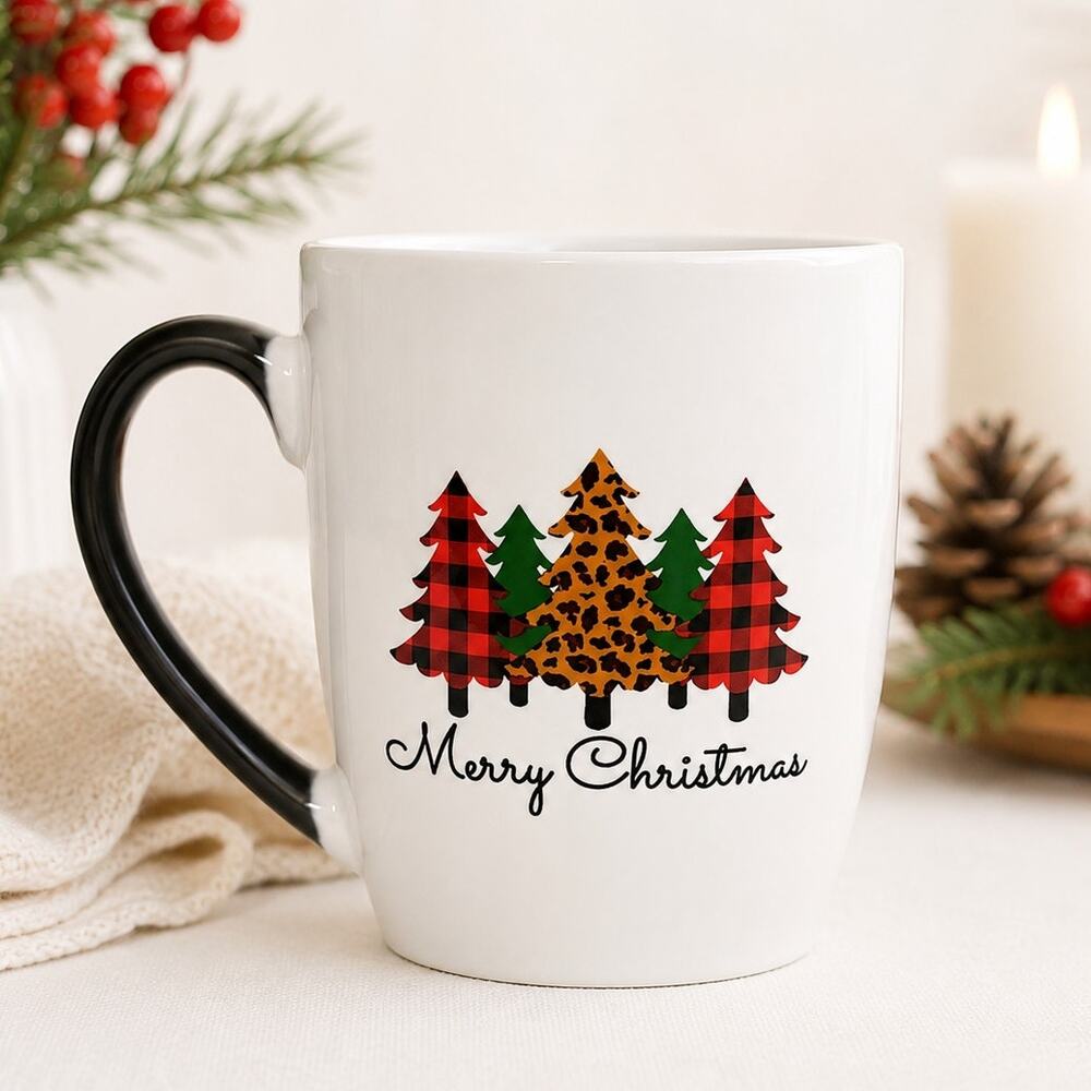 Plaid Christmas Woodland Tree Mug Merry Christmas Farmhouse Holiday 11 Oz
